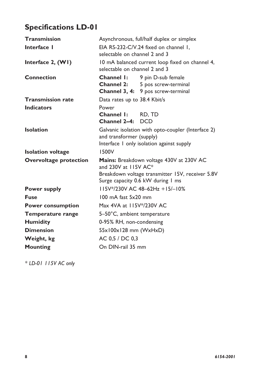 Specifications ld-01 | Westermo LD-01 User Manual | Page 2 / 8