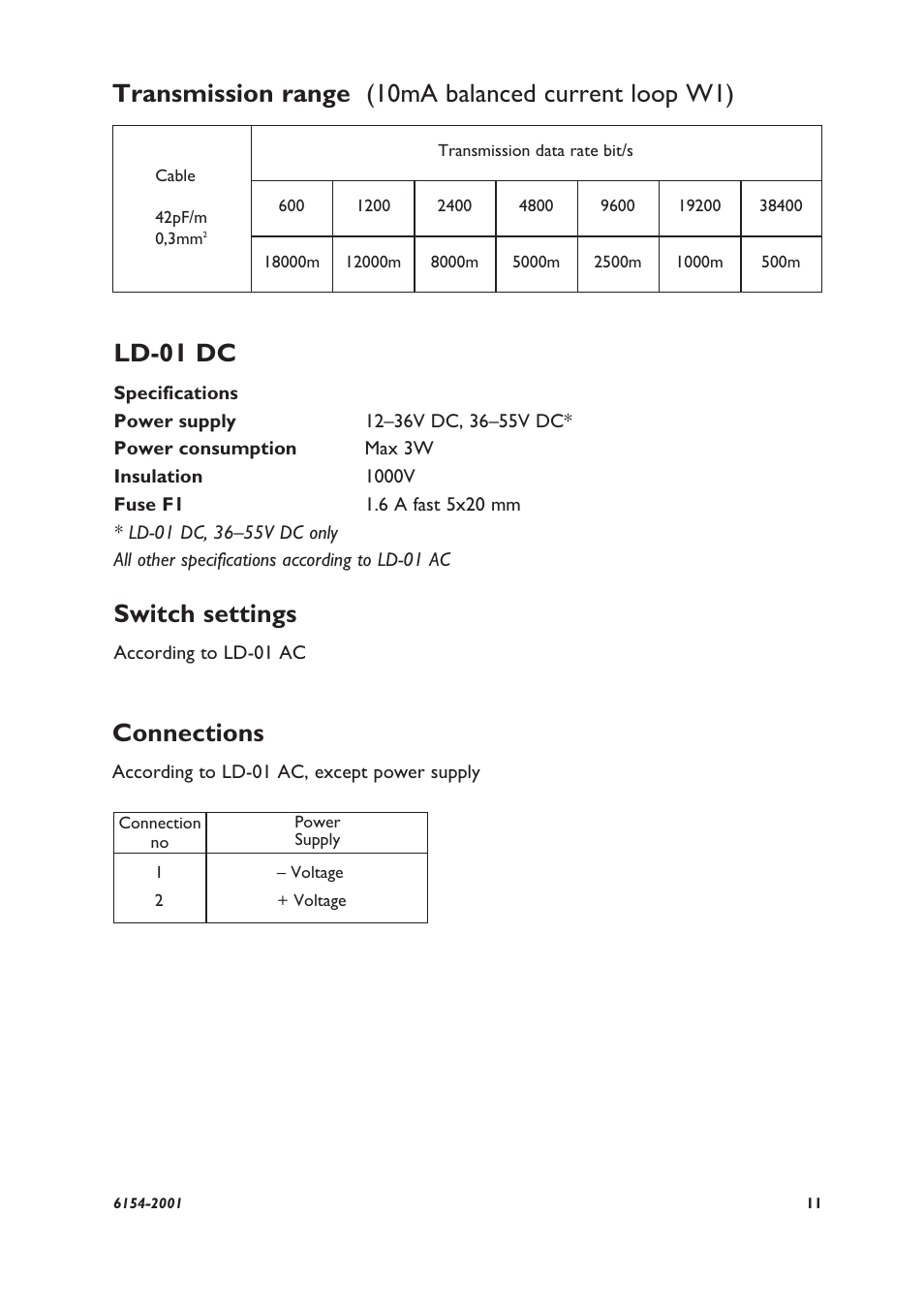 Transmission range (10ma balanced current loop w1), Ld-01 dc, Switch settings | Connections | Westermo LD-01 User Manual | Page 5 / 8