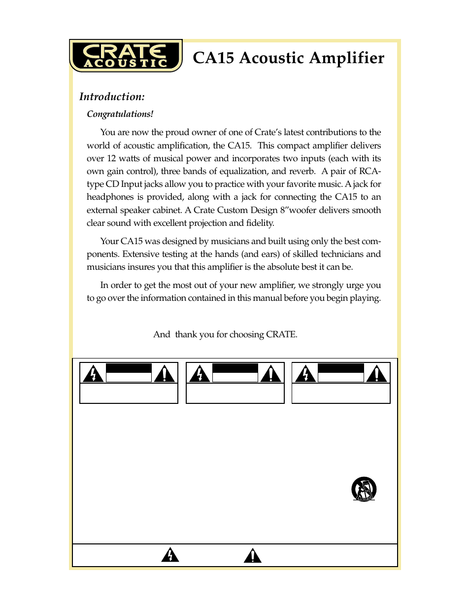 Ca15 acoustic amplifier, Introduction | Crate Amplifiers CA15 User Manual | Page 2 / 4