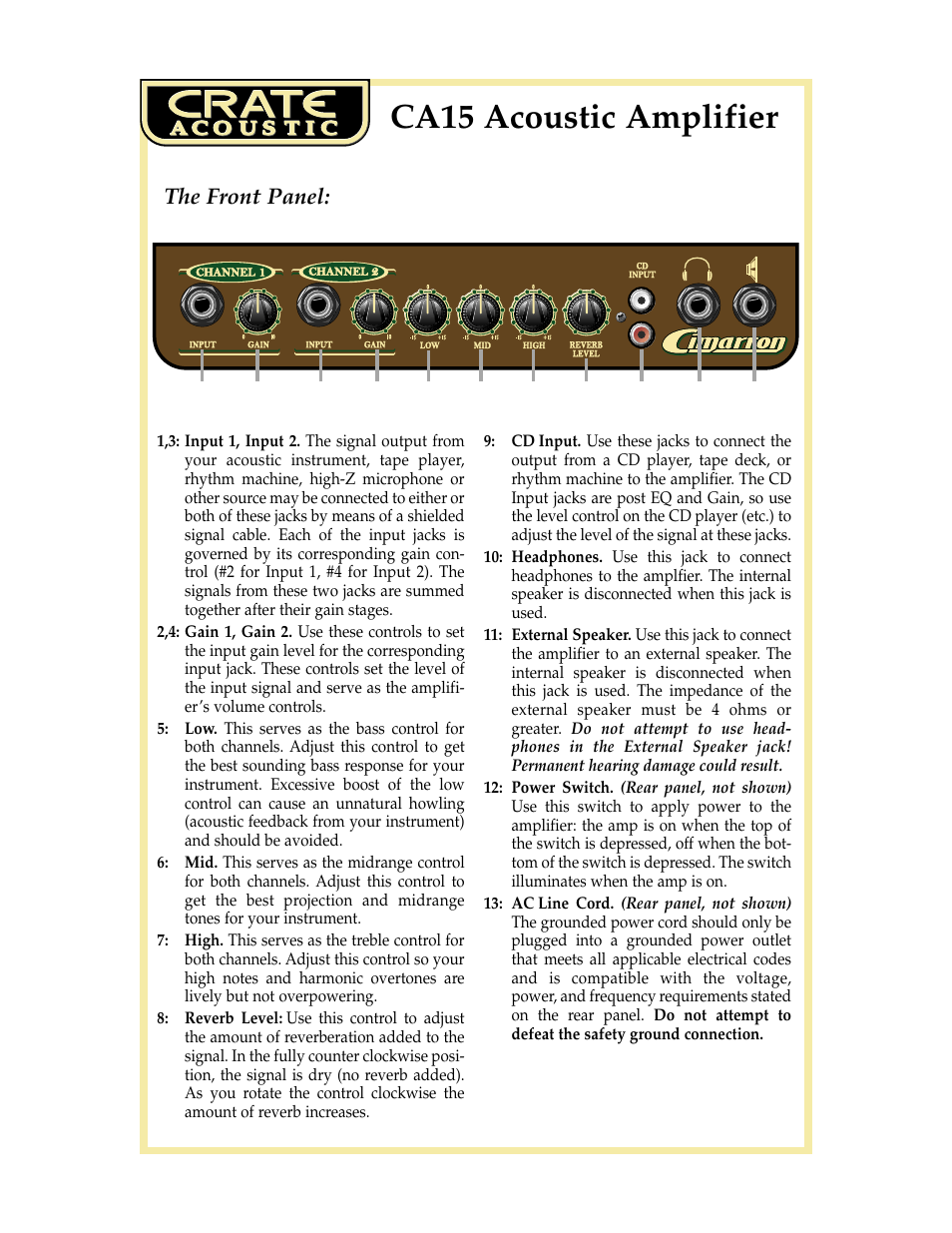Ca15 acoustic amplifier, The front panel | Crate Amplifiers CA15 User Manual | Page 3 / 4