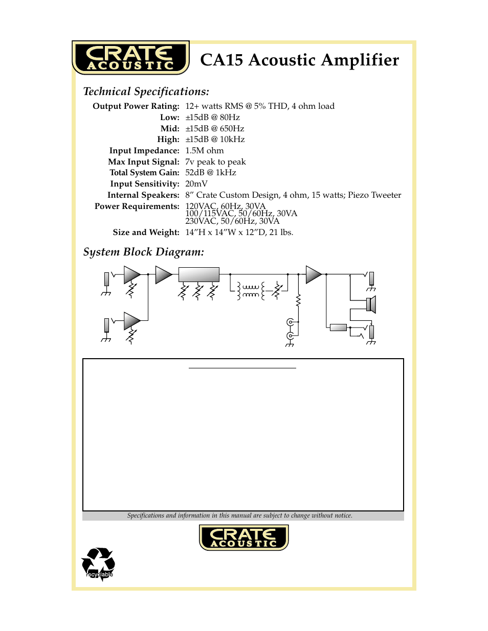 Ca15 acoustic amplifier, Technical specifications: system block diagram | Crate Amplifiers CA15 User Manual | Page 4 / 4