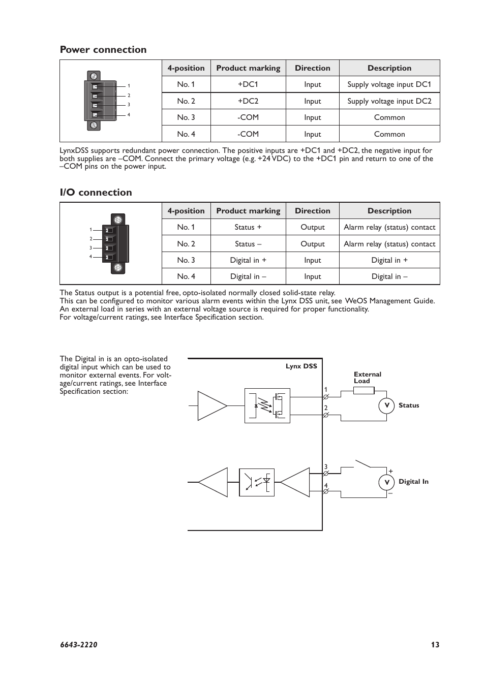 Power connection i/o connection | Westermo Lynx-x08-F2G-S2 User Manual | Page 13 / 20