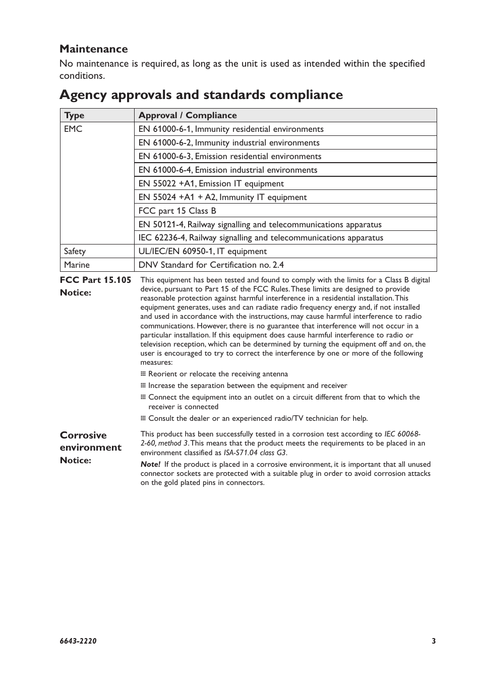 Agency approvals and standards compliance, Maintenance | Westermo Lynx-x08-F2G-S2 User Manual | Page 3 / 20
