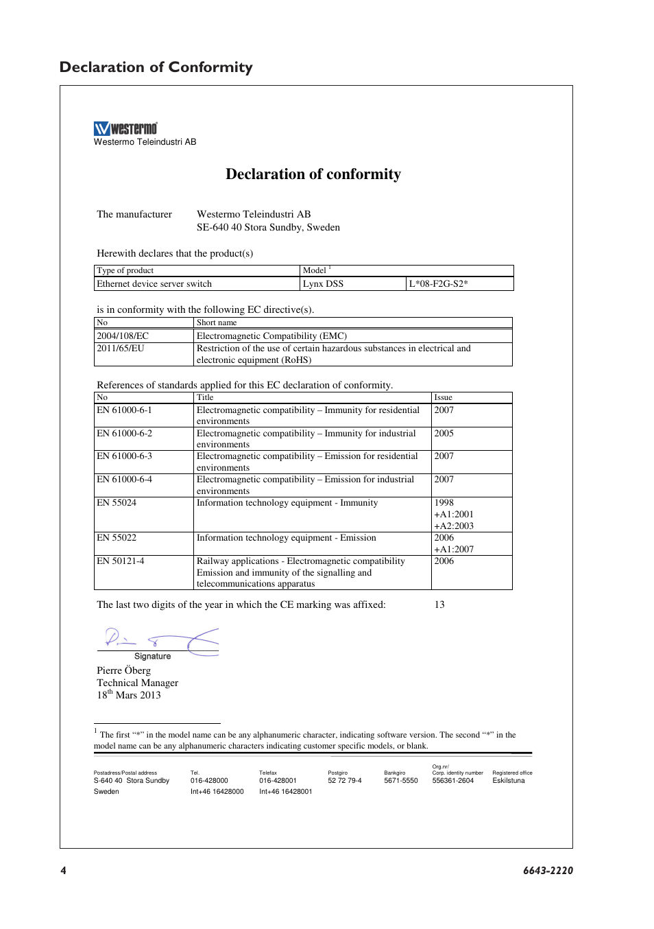 Declaration of conformity | Westermo Lynx-x08-F2G-S2 User Manual | Page 4 / 20