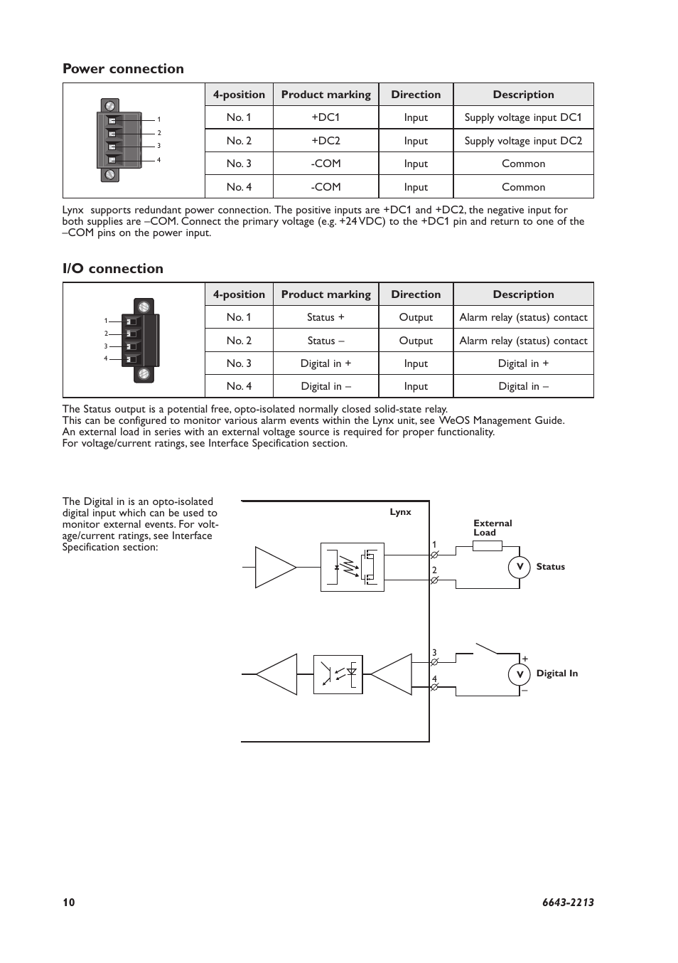 Power connection i/o connection | Westermo Lynx-x10-F2G User Manual | Page 10 / 16
