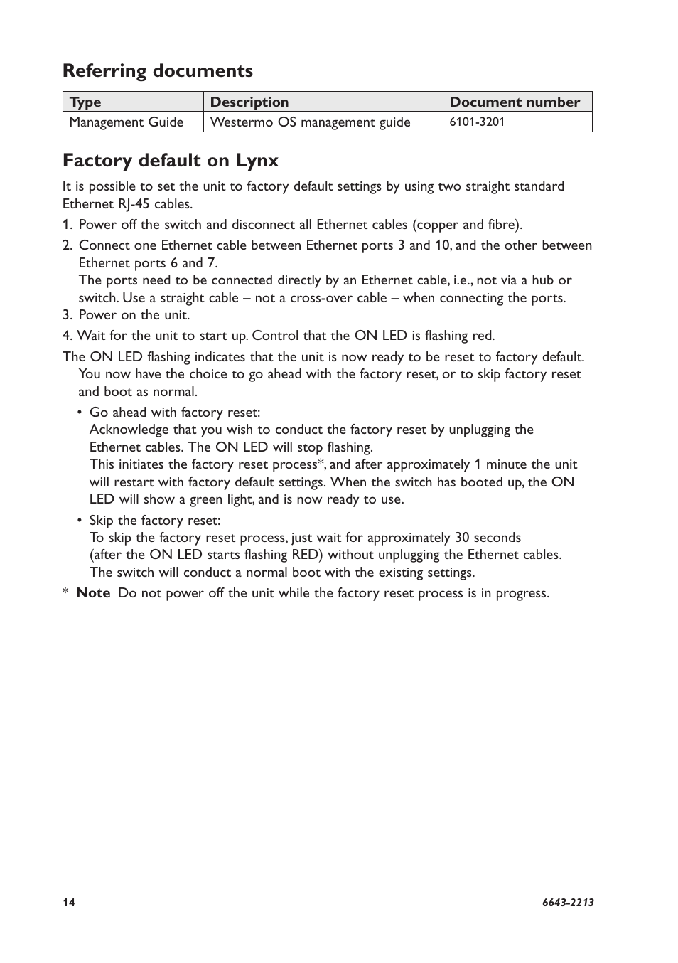 Factory default on lynx, Referring documents | Westermo Lynx-x10-F2G User Manual | Page 14 / 16