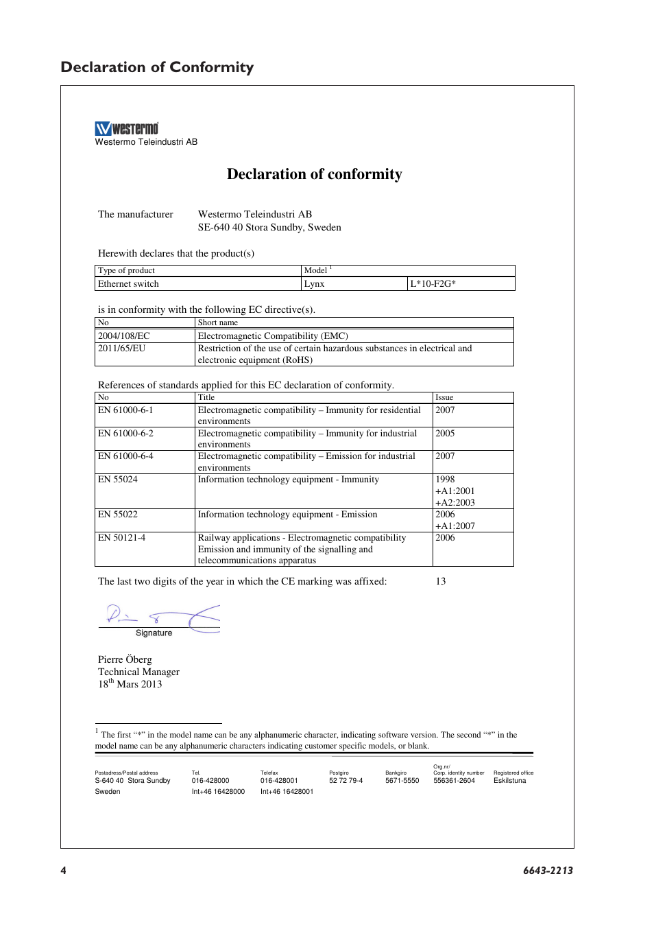 Declaration of conformity | Westermo Lynx-x10-F2G User Manual | Page 4 / 16