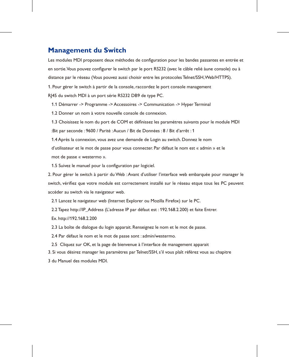 Management du switch | Westermo MDI-110-F3x User Manual | Page 10 / 16