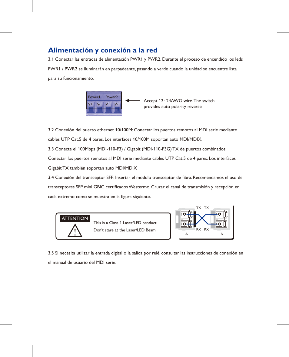 Alimentación y conexión a la red | Westermo MDI-110-F3x User Manual | Page 12 / 16