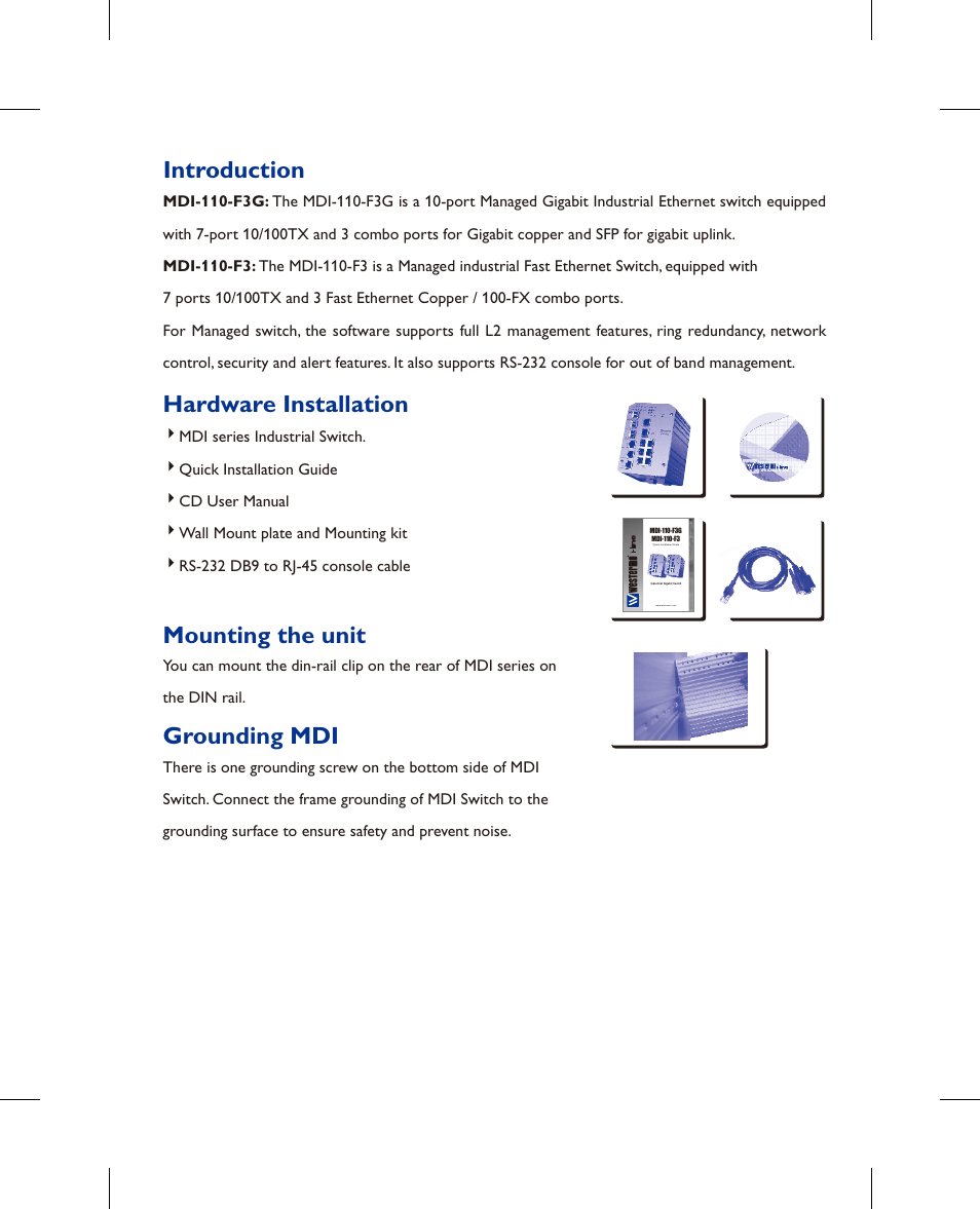 Introduction, Hardware installation, Mounting the unit | Grounding mdi | Westermo MDI-110-F3x User Manual | Page 2 / 16