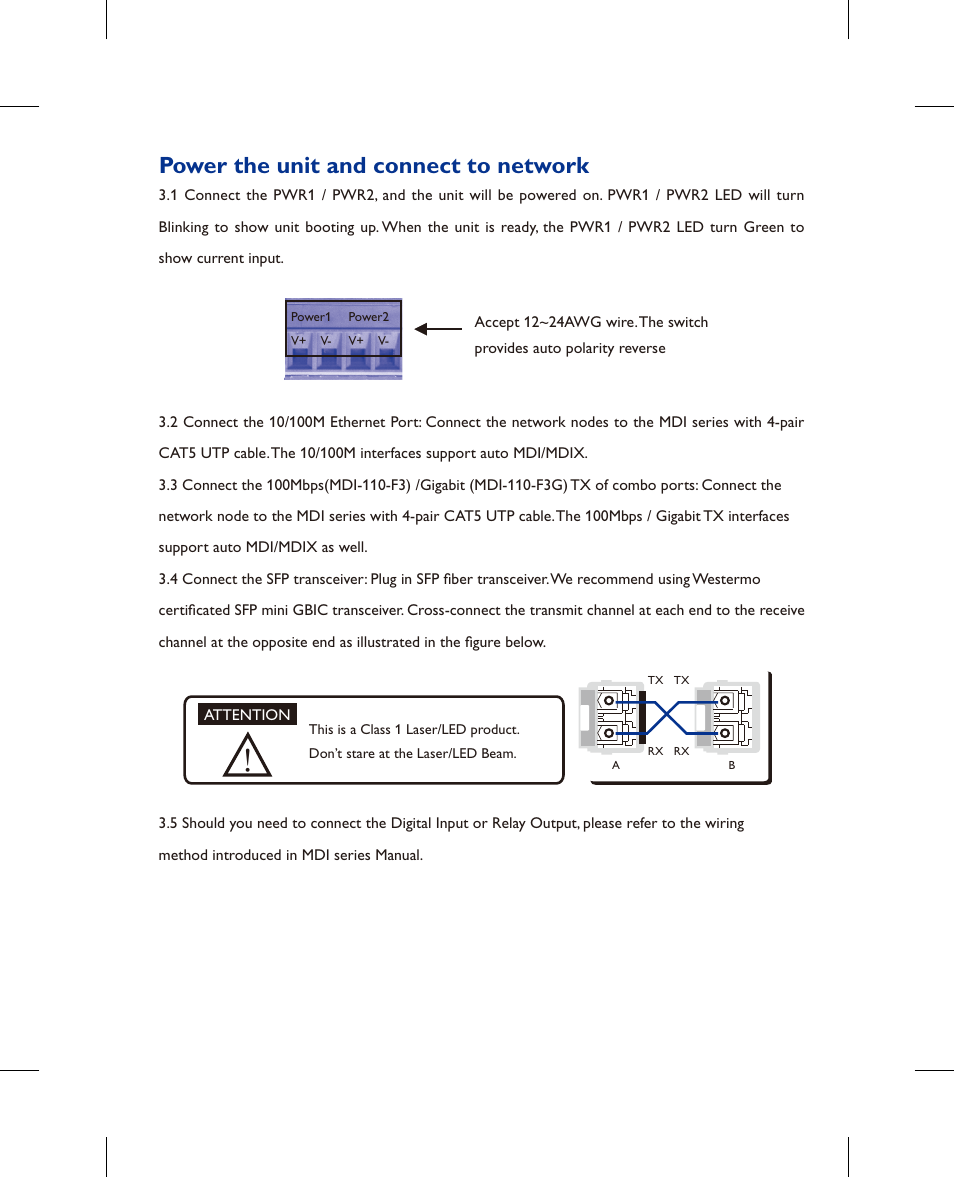 Power the unit and connect to network | Westermo MDI-110-F3x User Manual | Page 3 / 16