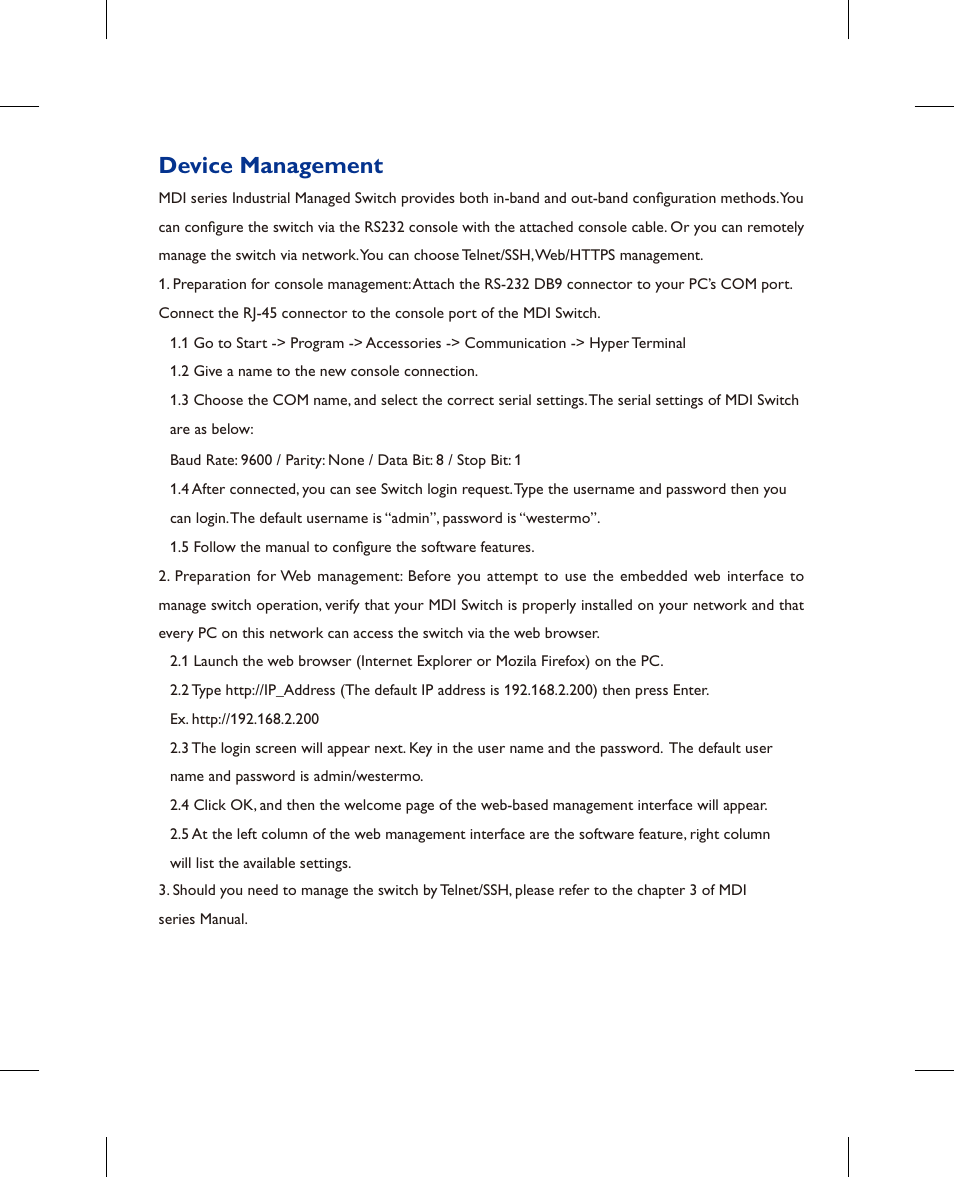 Device management | Westermo MDI-110-F3x User Manual | Page 4 / 16