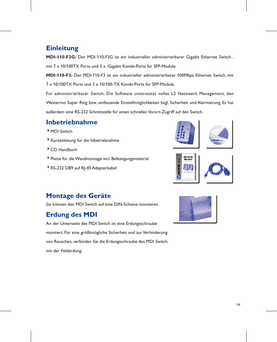Einleitung, Inbetriebnahme, Montage des geräte | Erdung des mdi | Westermo MDI-110-F3x User Manual | Page 5 / 16