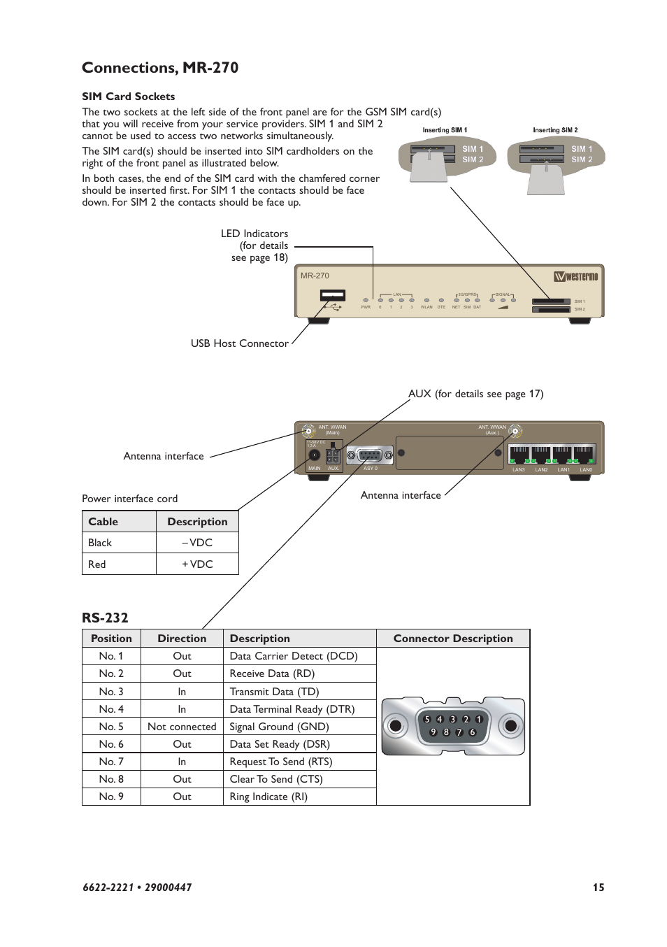 Connections, mr-270, Rs-232 | Westermo MR-2x0 User Manual | Page 15 / 28