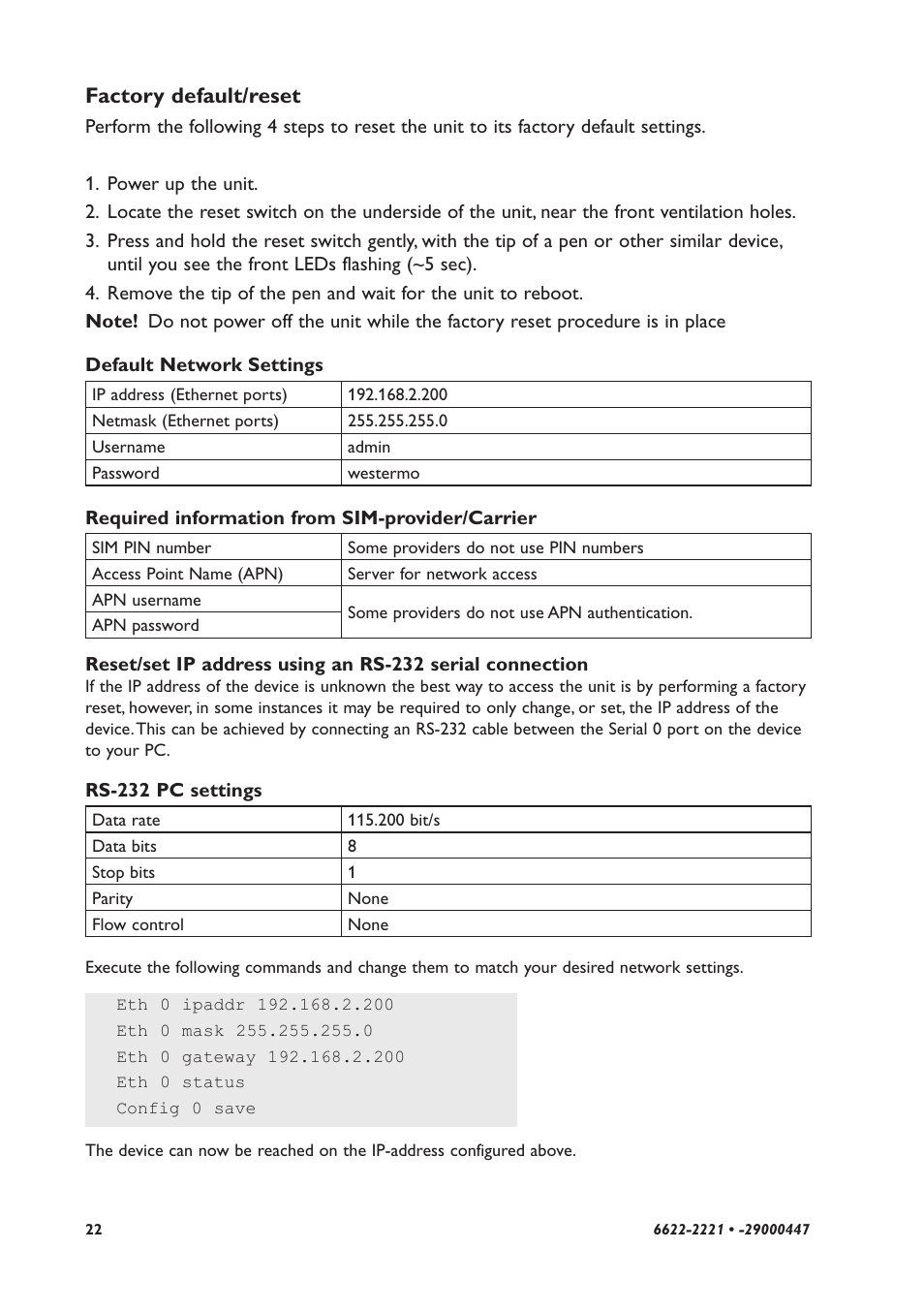 Factory default/reset | Westermo MR-2x0 User Manual | Page 22 / 28