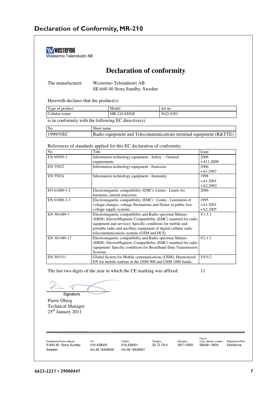 Declaration of conformity, Declaration of conformity, mr-210 | Westermo MR-2x0 User Manual | Page 7 / 28
