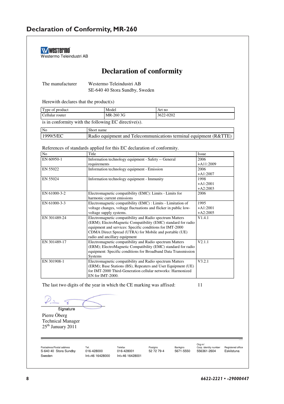 Declaration of conformity, Declaration of conformity, mr-260 | Westermo MR-2x0 User Manual | Page 8 / 28