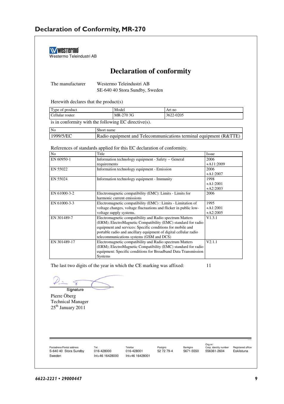 Declaration of conformity, Declaration of conformity, mr-270 | Westermo MR-2x0 User Manual | Page 9 / 28