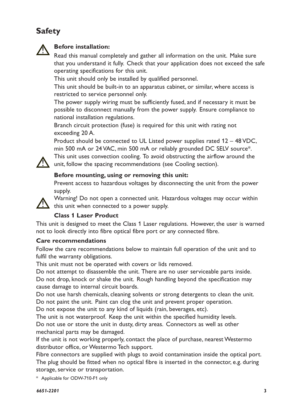 Safety | Westermo ODW-710-F1 User Manual | Page 3 / 24