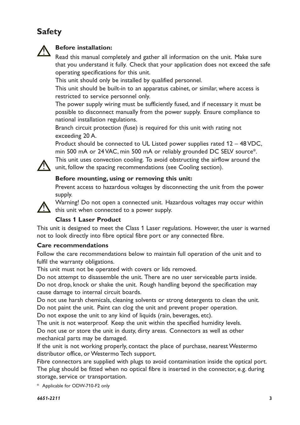 Safety | Westermo ODW-710-F2 User Manual | Page 3 / 28