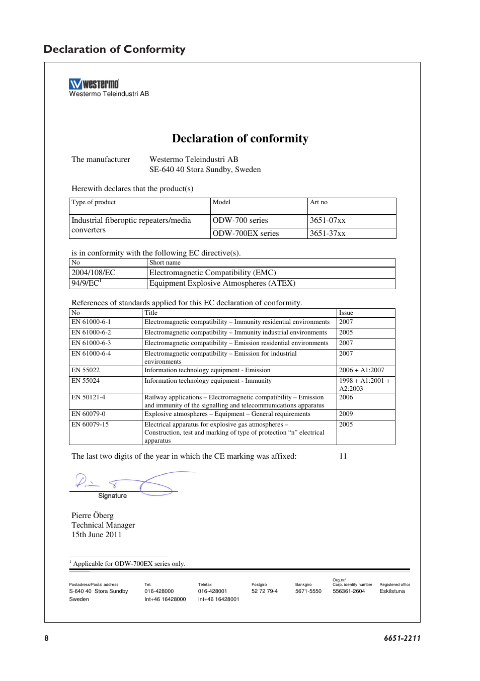 Declaration of conformity | Westermo ODW-710-F2 User Manual | Page 8 / 28