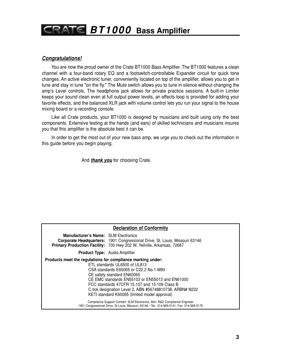 B t 1 0 0 0, Bass amplifier | Crate Amplifiers BT1000 User Manual | Page 3 / 8