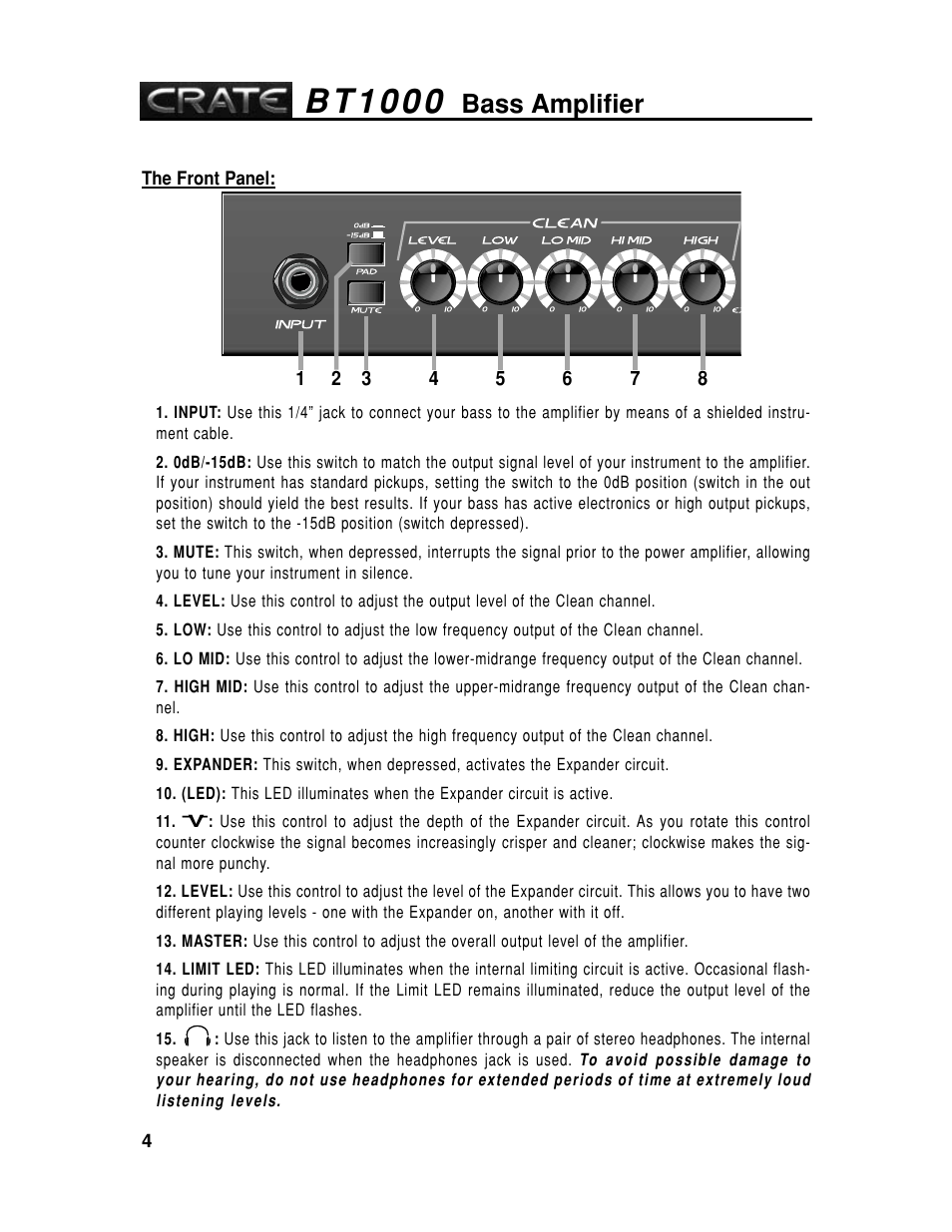 B t 1 0 0 0, Bass amplifier | Crate Amplifiers BT1000 User Manual | Page 4 / 8