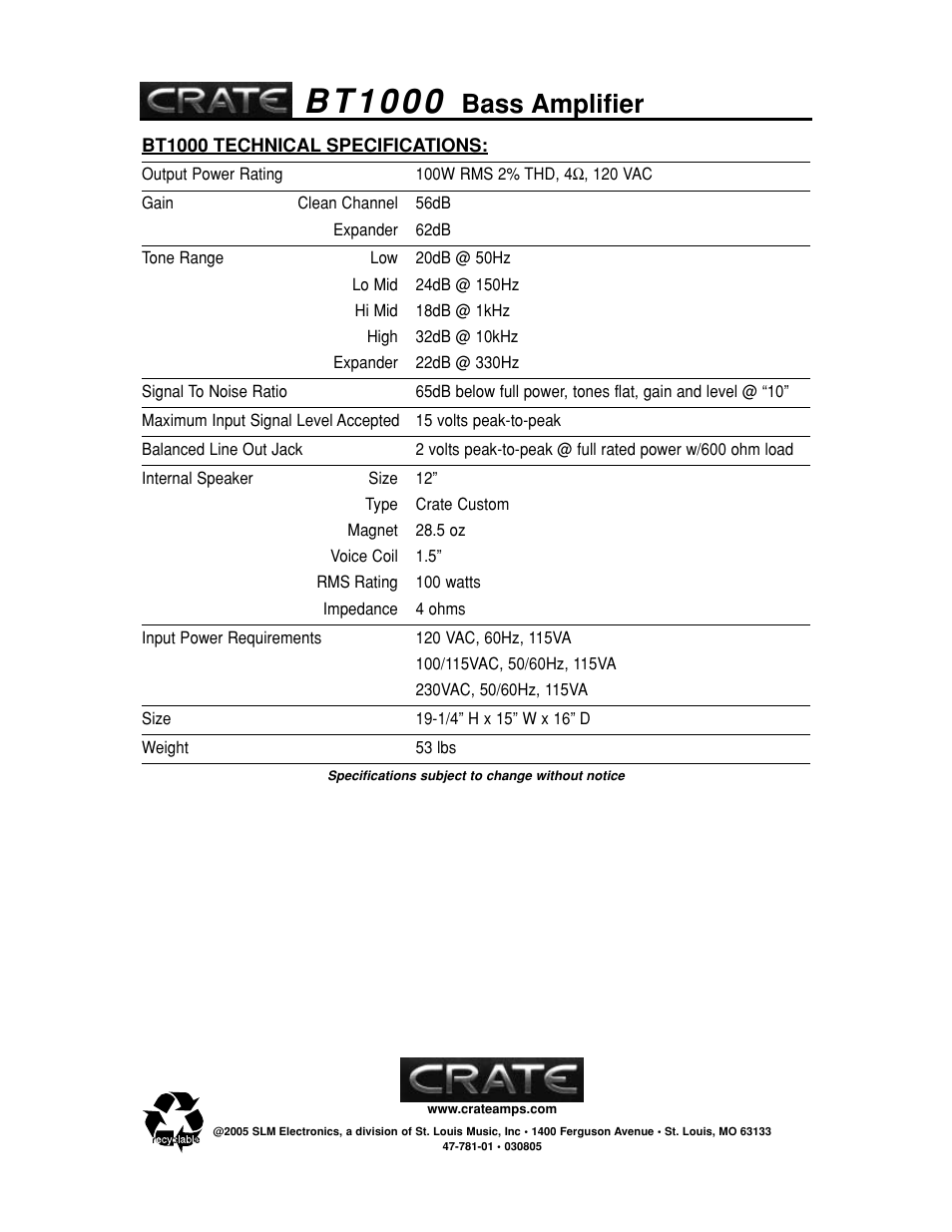 B t 1 0 0 0, Bass amplifier | Crate Amplifiers BT1000 User Manual | Page 8 / 8