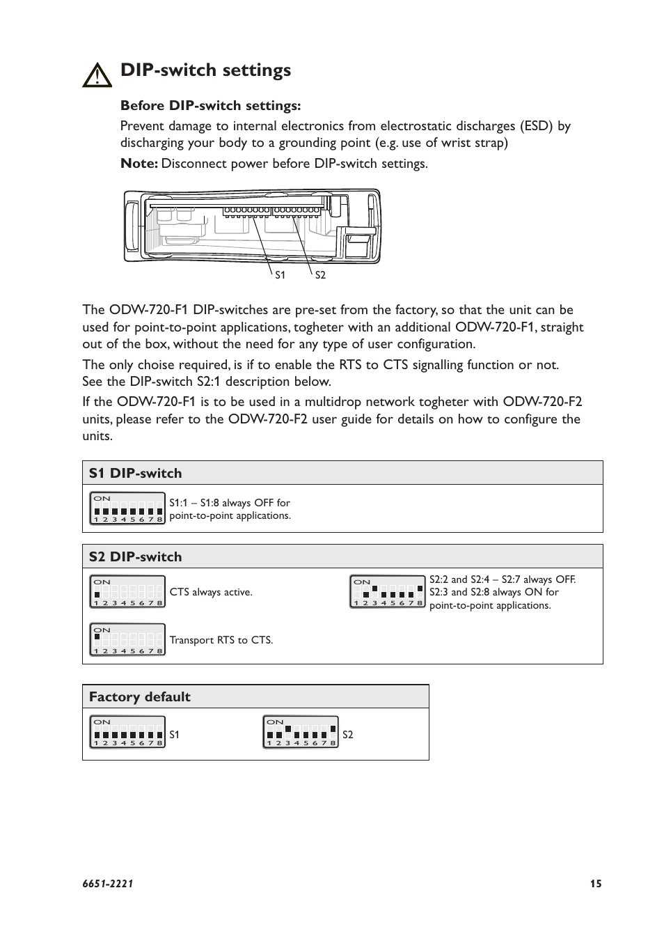 Dip-switch settings, S2 dip-switch, Factory default | Westermo ODW-720-F1 User Manual | Page 15 / 20
