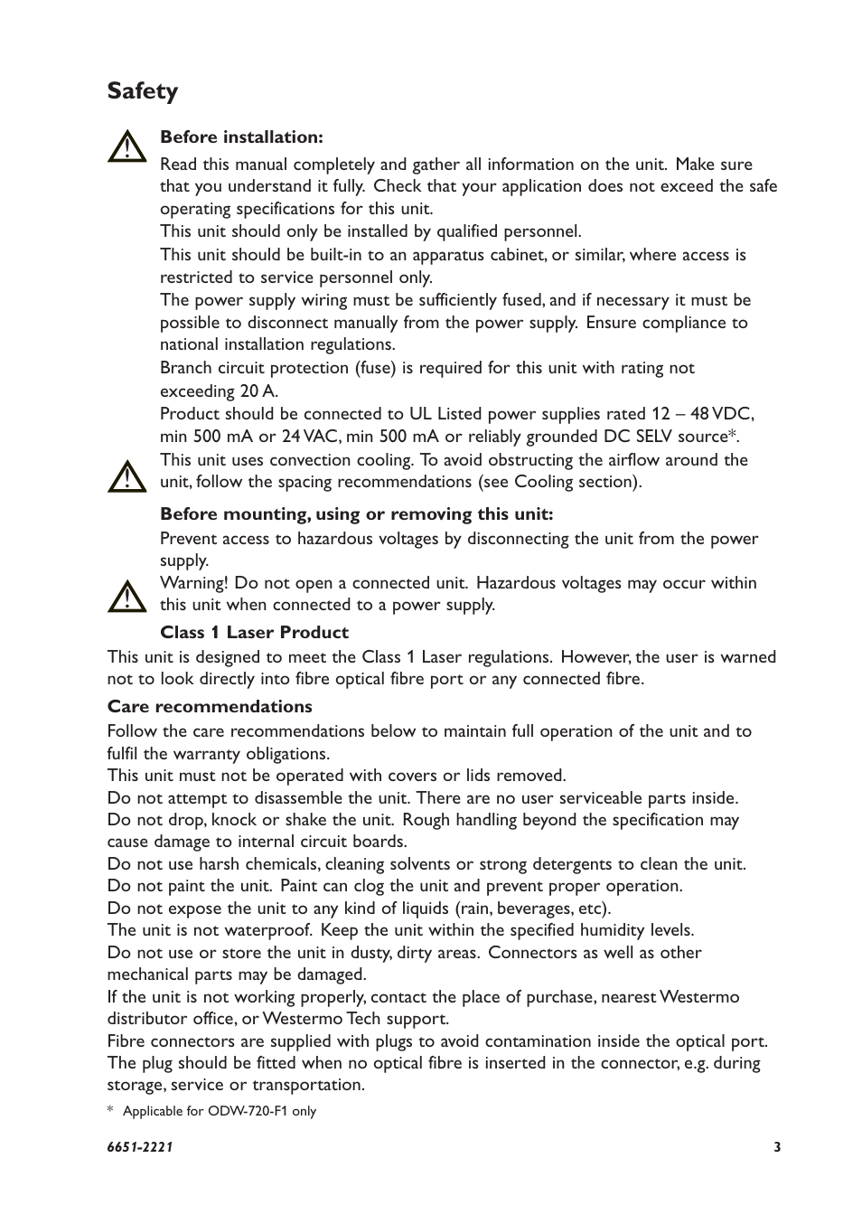 Safety | Westermo ODW-720-F1 User Manual | Page 3 / 20