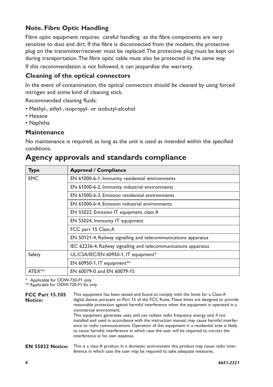 Agency approvals and standards compliance, Cleaning of the optical connectors, Maintenance | Westermo ODW-720-F1 User Manual | Page 4 / 20