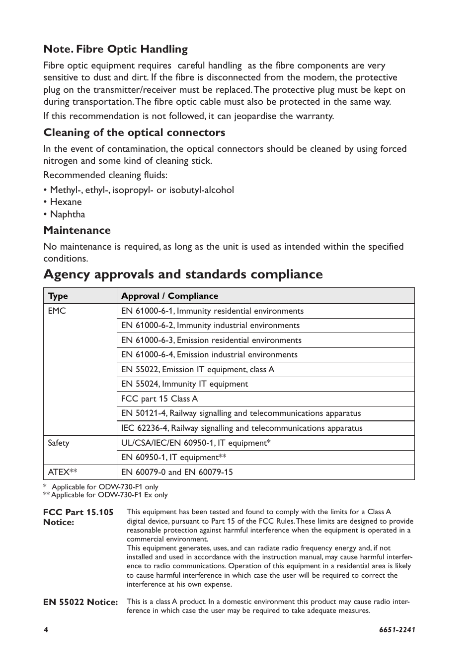Agency approvals and standards compliance, Cleaning of the optical connectors, Maintenance | Westermo ODW-730-F1 User Manual | Page 4 / 24