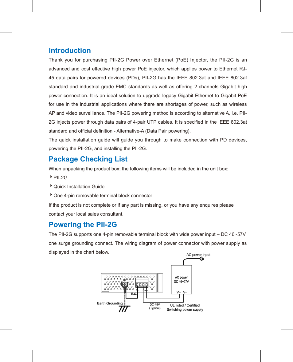 Introduction, Package checking list, Powering the pii-2g | Westermo PII PoE Injector User Manual | Page 2 / 12