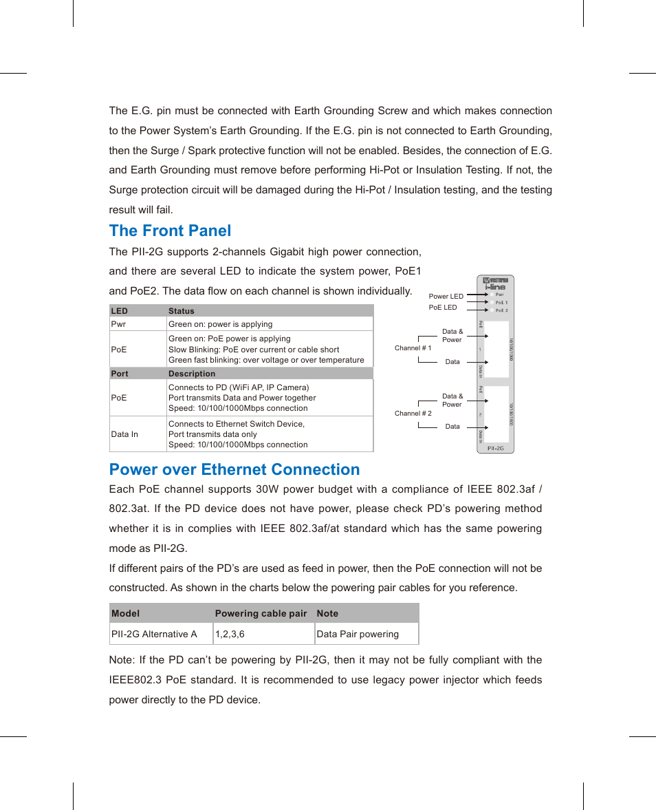 The front panel, Power over ethernet connection | Westermo PII PoE Injector User Manual | Page 3 / 12