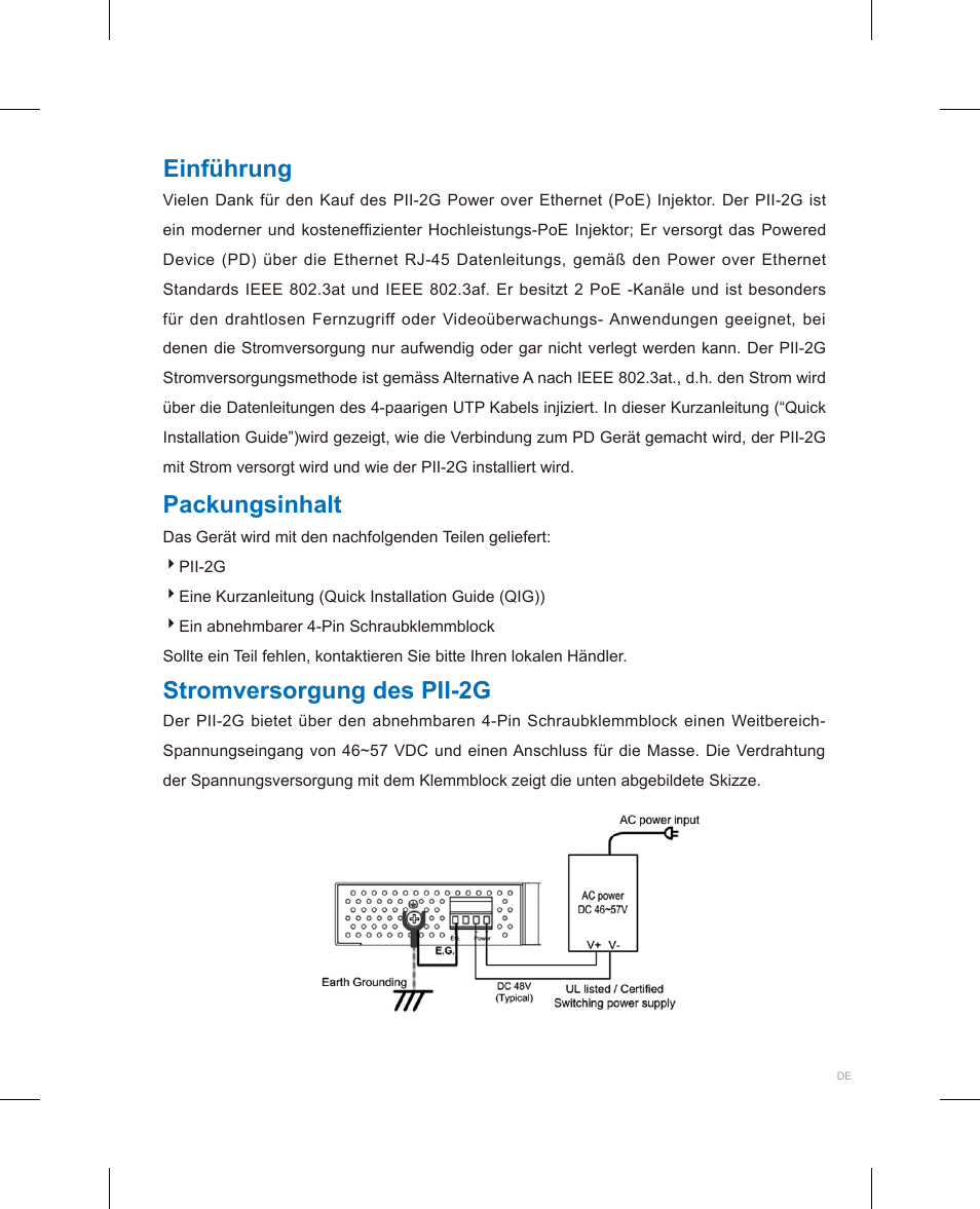 Einführung, Packungsinhalt, Stromversorgung des pii-2g | Westermo PII PoE Injector User Manual | Page 4 / 12