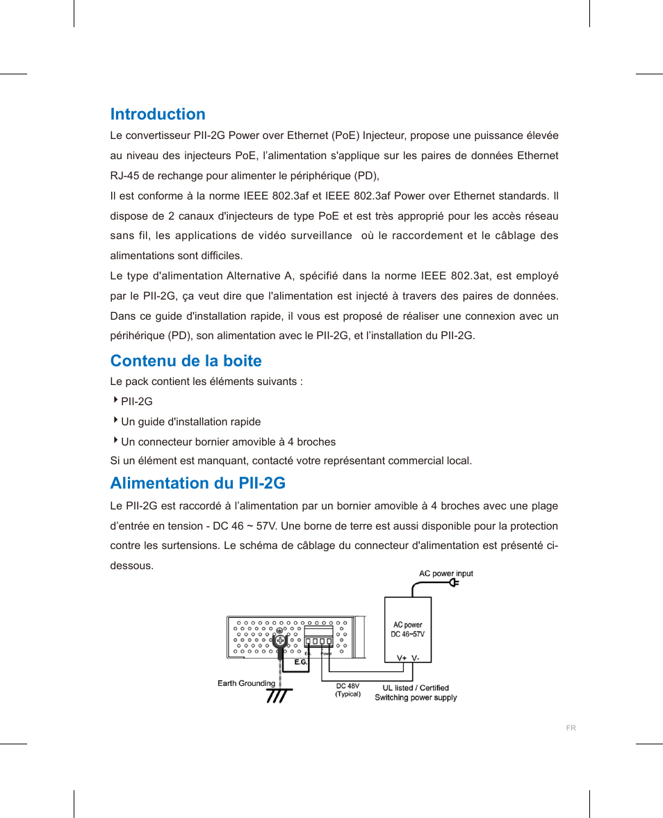 Introduction, Contenu de la boite, Alimentation du pii-2g | Westermo PII PoE Injector User Manual | Page 6 / 12