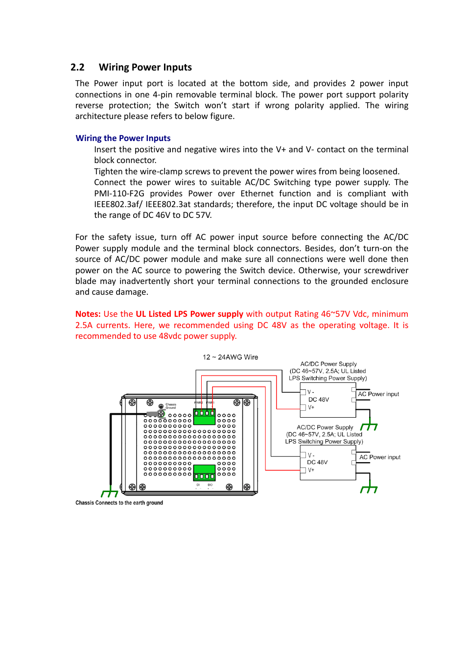 2 wiring power inputs, Wiring power inputs | Westermo PMI-110-F2G User Manual | Page 16 / 146