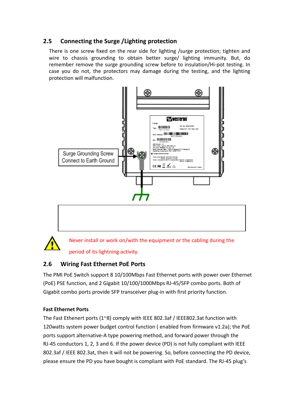 5 connecting the surge /lighting protection, 6 wiring fast ethernet poe ports, Connecting the surge /lighting protection | Wiring fast ethernet poe ports | Westermo PMI-110-F2G User Manual | Page 19 / 146