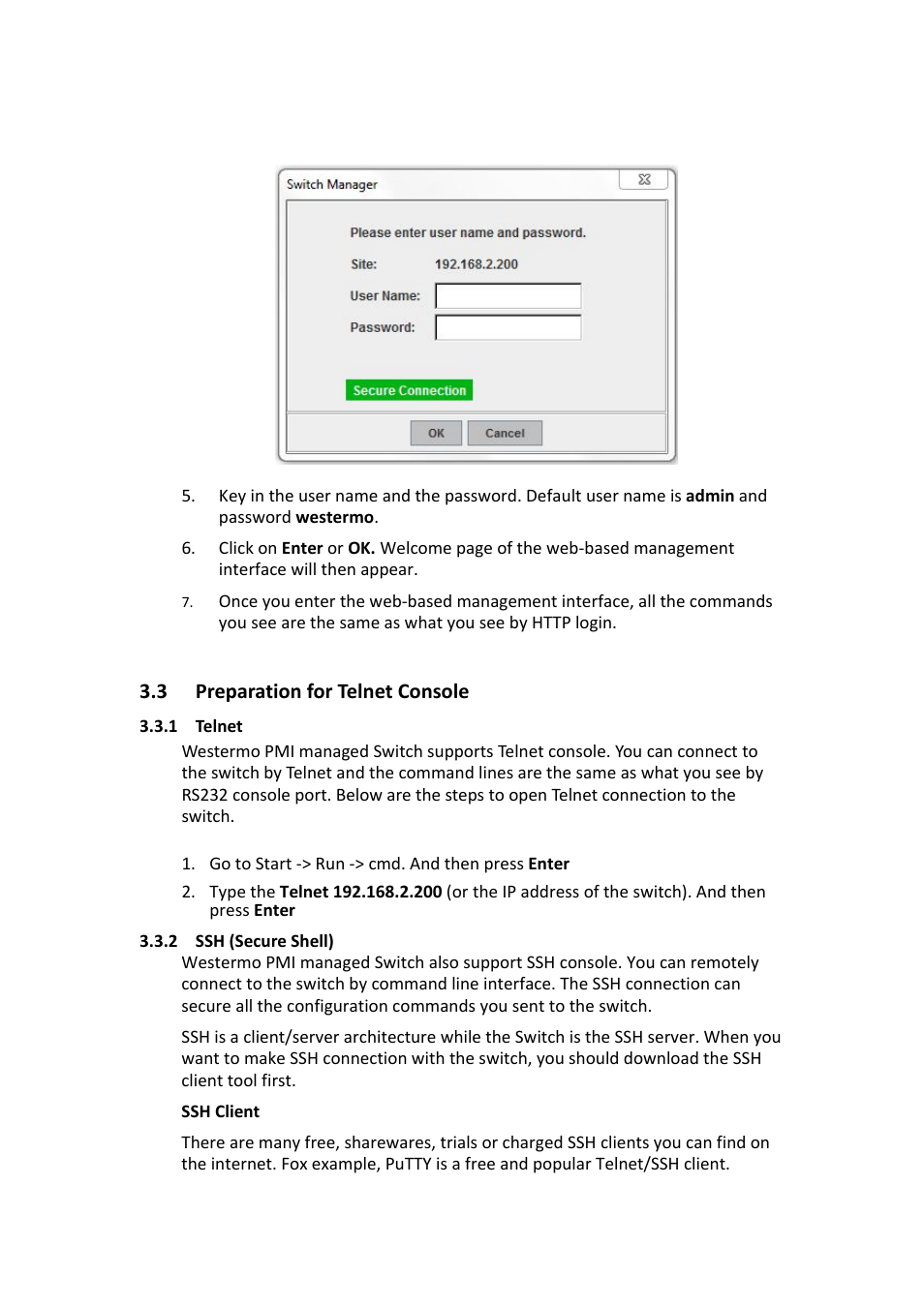 3 preparation for telnet console, Preparation for telnet console | Westermo PMI-110-F2G User Manual | Page 26 / 146