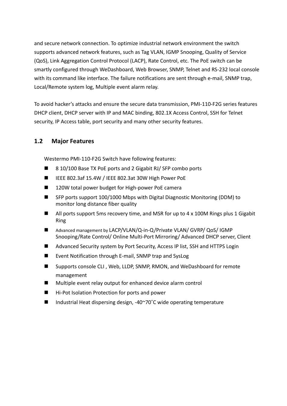 2 major features, Major features | Westermo PMI-110-F2G User Manual | Page 9 / 146