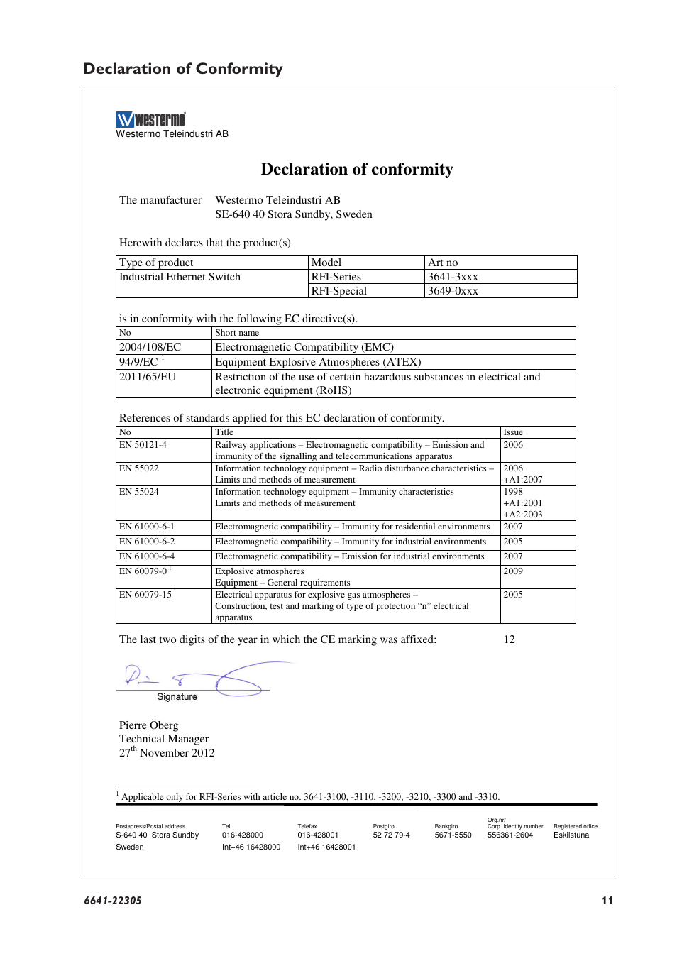 Declaration of conformity | Westermo RFI-xx User Manual | Page 11 / 32