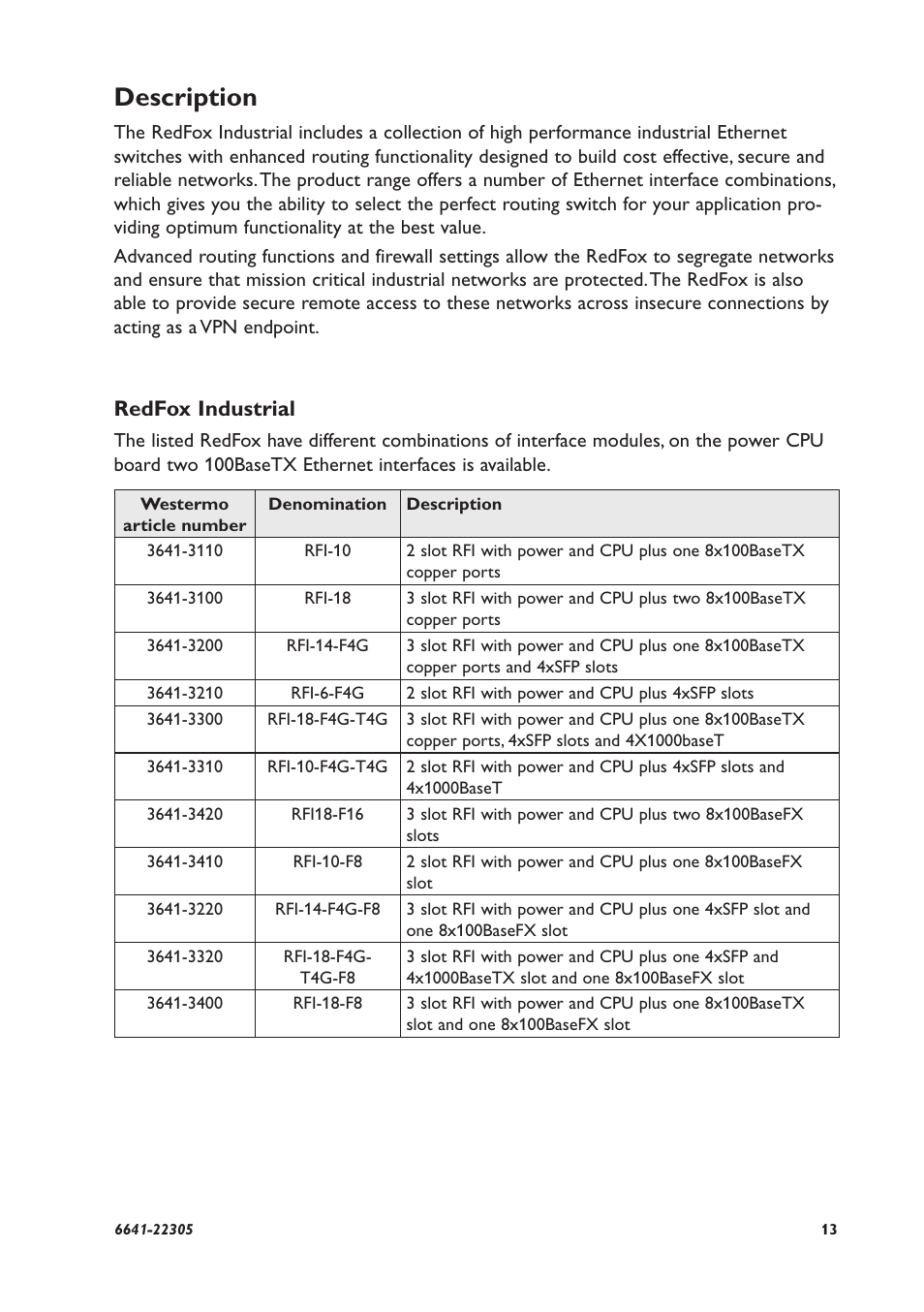 Description, Redfox industrial | Westermo RFI-xx User Manual | Page 13 / 32