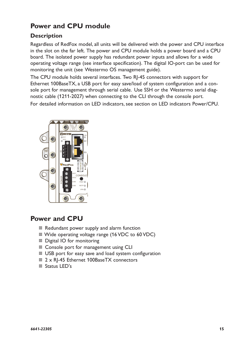 Power and cpu module, Power and cpu, Description | Westermo RFI-xx User Manual | Page 15 / 32