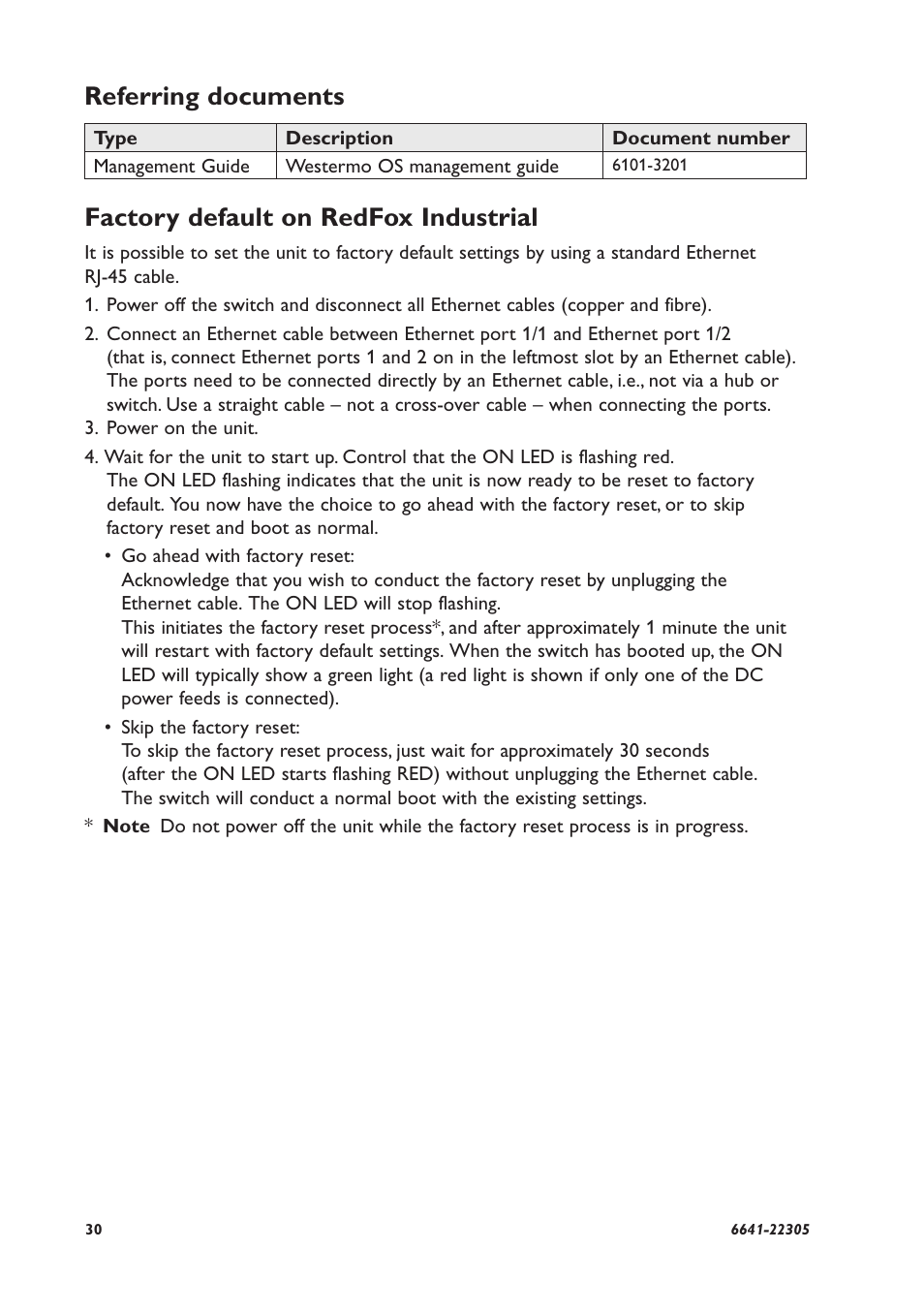 Factory default on redfox industrial, Referring documents | Westermo RFI-xx User Manual | Page 30 / 32