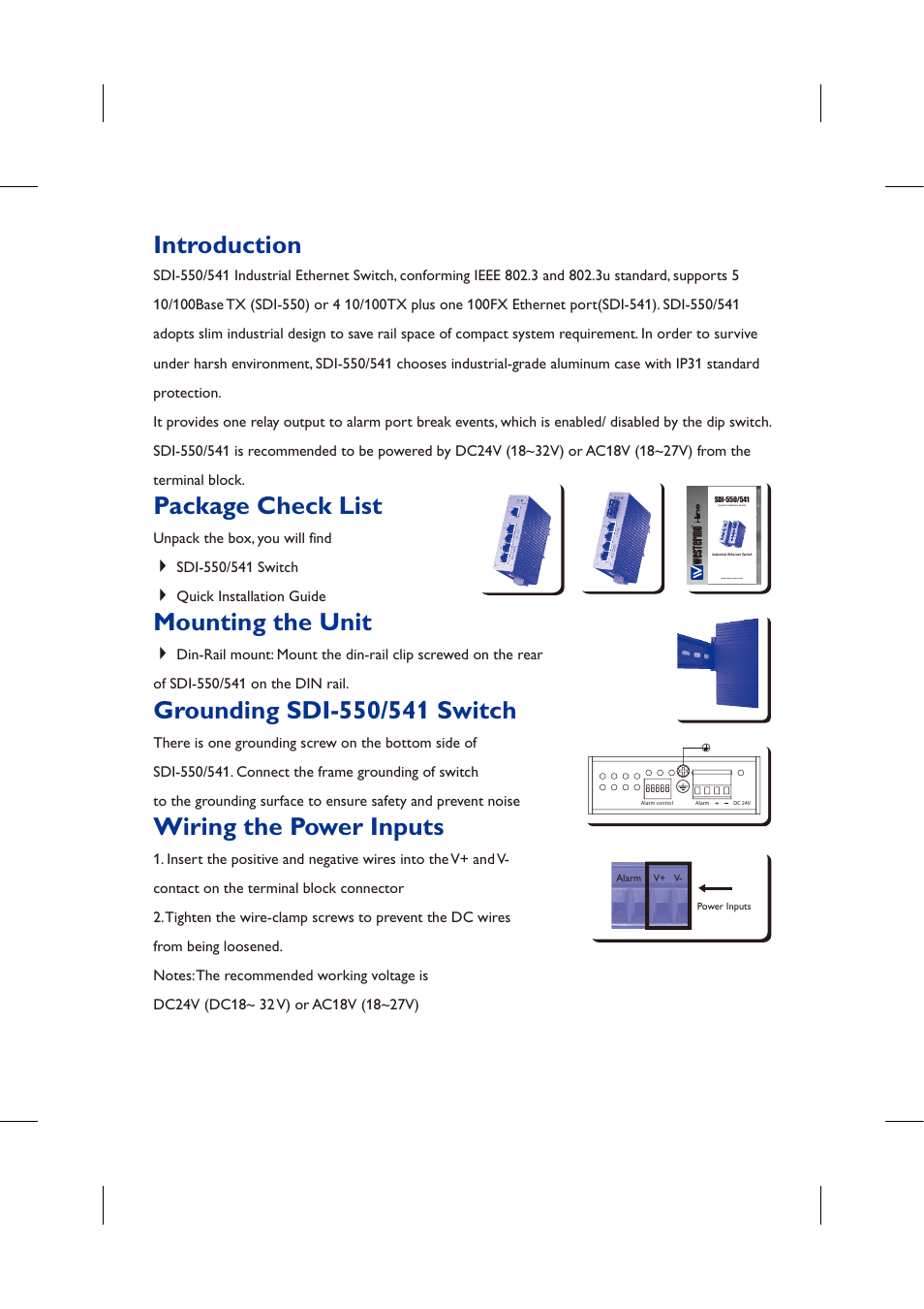 Package check list, Mounting the unit, Wiring the power inputs | Introduction | Westermo SDI-5xx User Manual | Page 2 / 12
