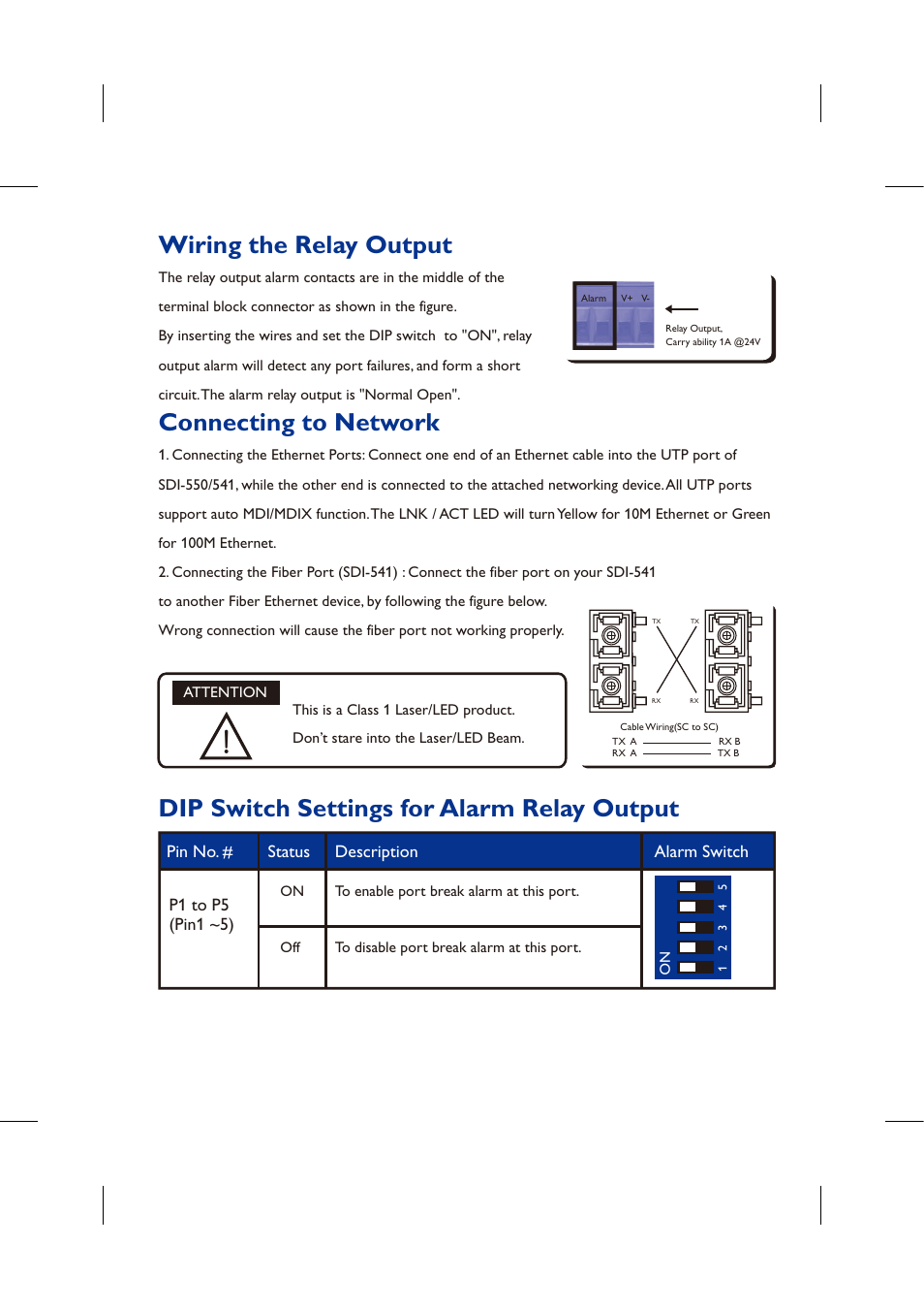 Wiring the relay output, Connecting to network, Dip switch settings for alarm relay output | Westermo SDI-5xx User Manual | Page 3 / 12