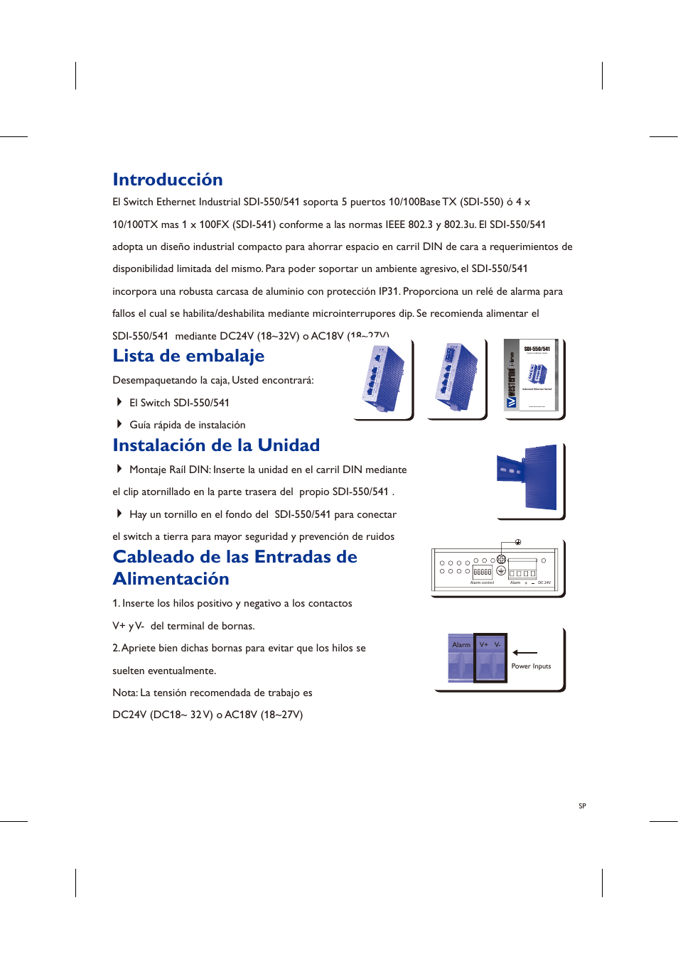 Lista de embalaje, Instalación de la unidad, Cableado de las entradas de alimentación | Introducción | Westermo SDI-5xx User Manual | Page 8 / 12