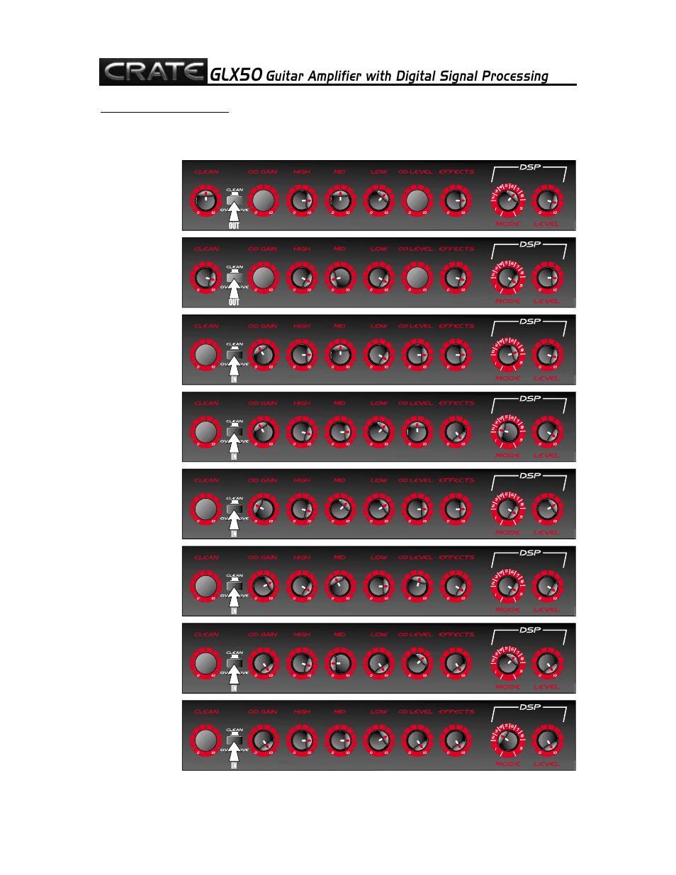 Glx50, Guitar amplifier with digital signal processing, Suggested settings: 6 | Crate Amplifiers GLX50 User Manual | Page 6 / 8