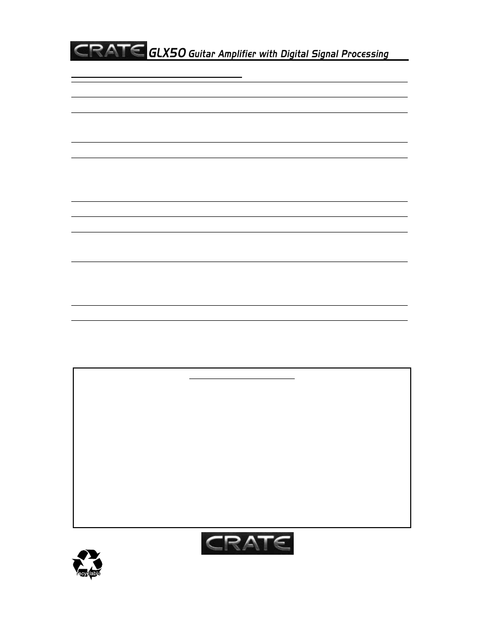 Glx50, Guitar amplifier with digital signal processing | Crate Amplifiers GLX50 User Manual | Page 8 / 8