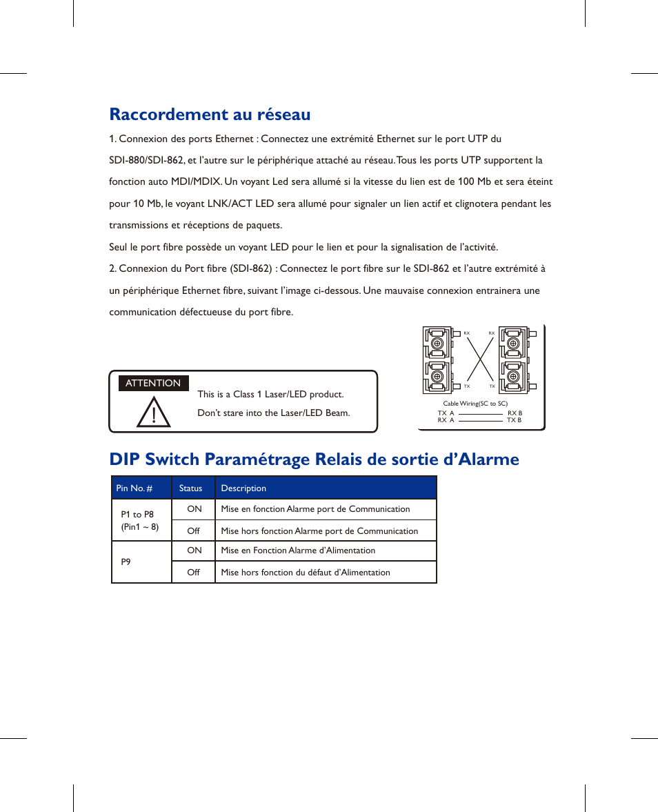 Raccordement au réseau, Dip switch paramétrage relais de sortie d’alarme | Westermo SDI-8xx User Manual | Page 10 / 16
